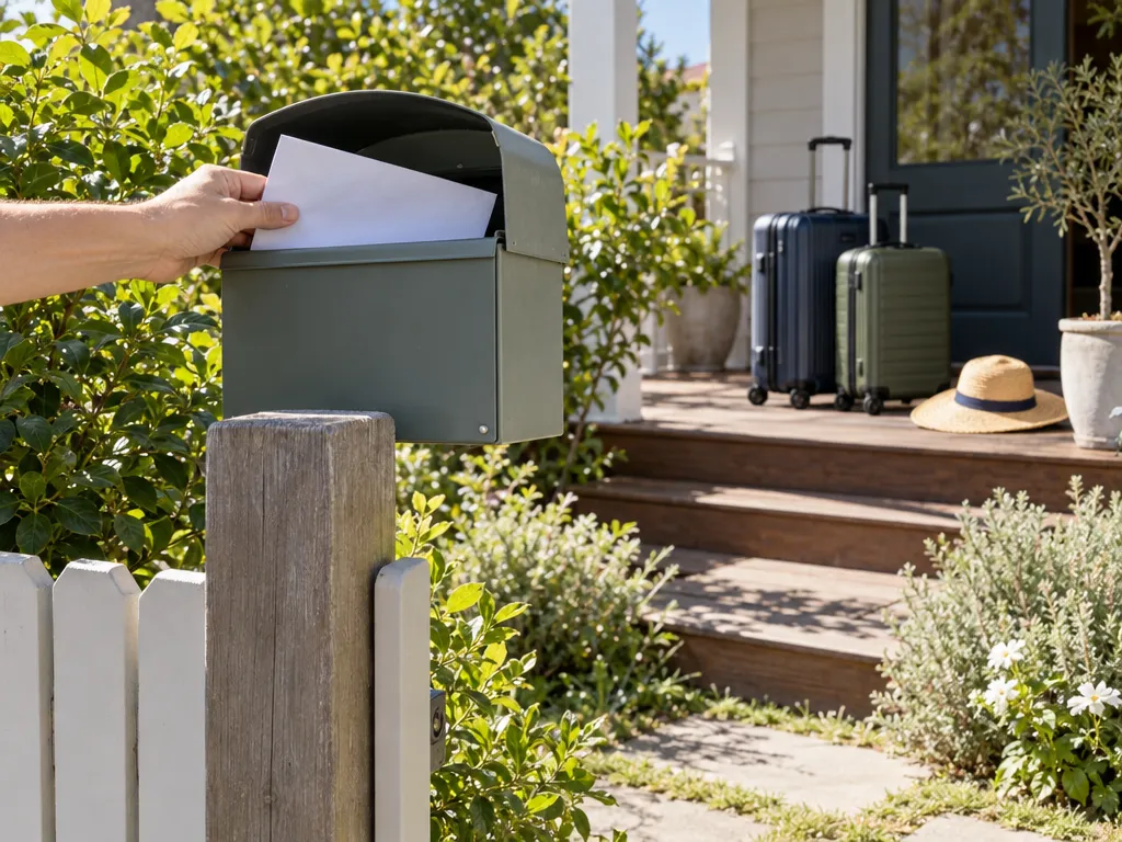 A hand putting an envelope into a green letterbox, with two suitcases and a straw hat on the porch steps behind