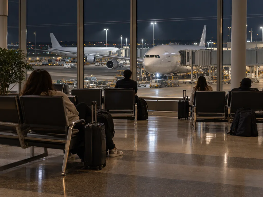 Travellers rest in an airport departure lounge at night, some looking out at parked jets through tall windows.