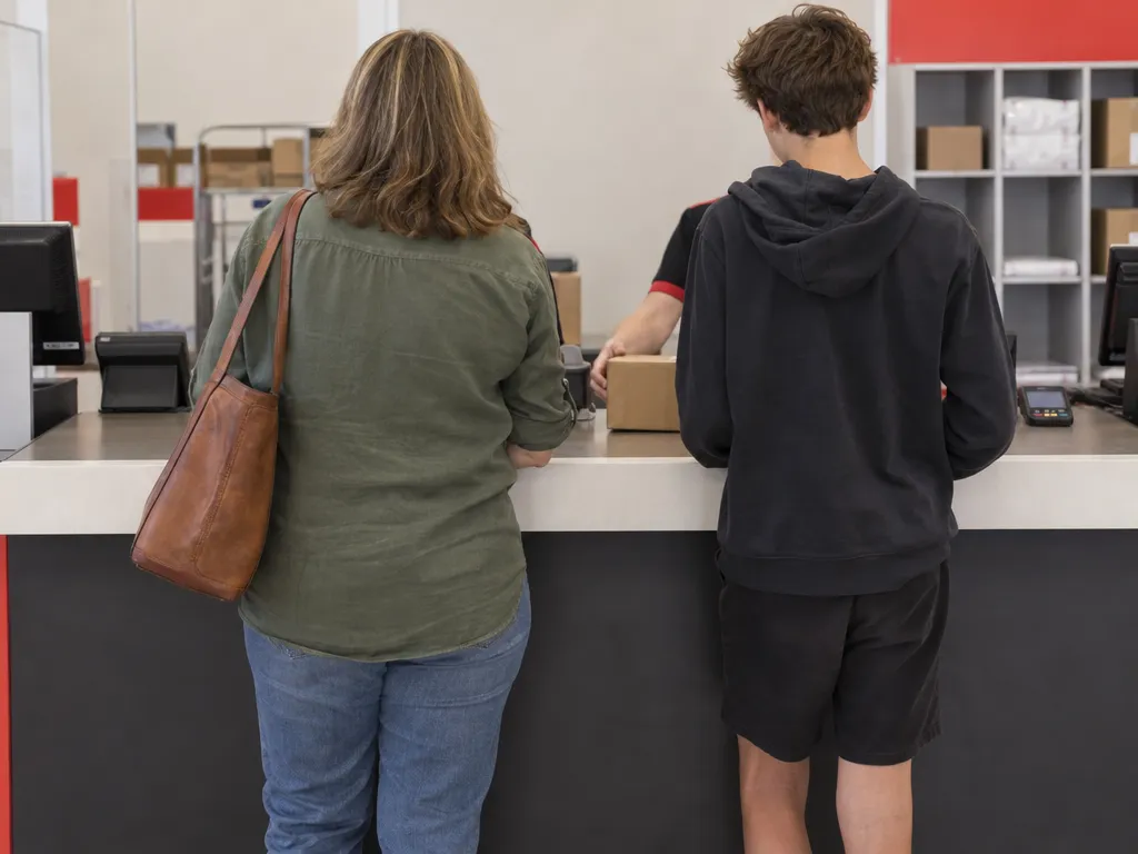 A parent and a teenager, seen from behind, at a post office counter while a counter officer handles a parcel